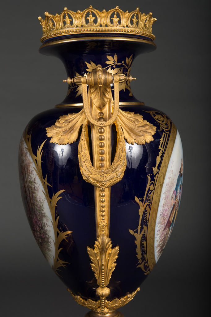 A Pair of Large 19th Century French Sevres Style Ormolu Mounted and Painted Vases