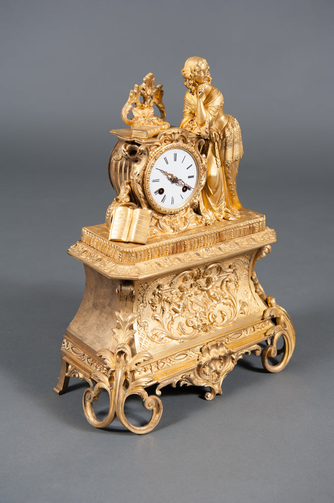 19th century French ormolu figural mantle clock - smiling lady with books