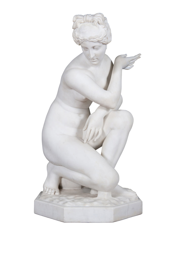 19th Century Marble Figure of  'The Crouching Venus' on pedestal