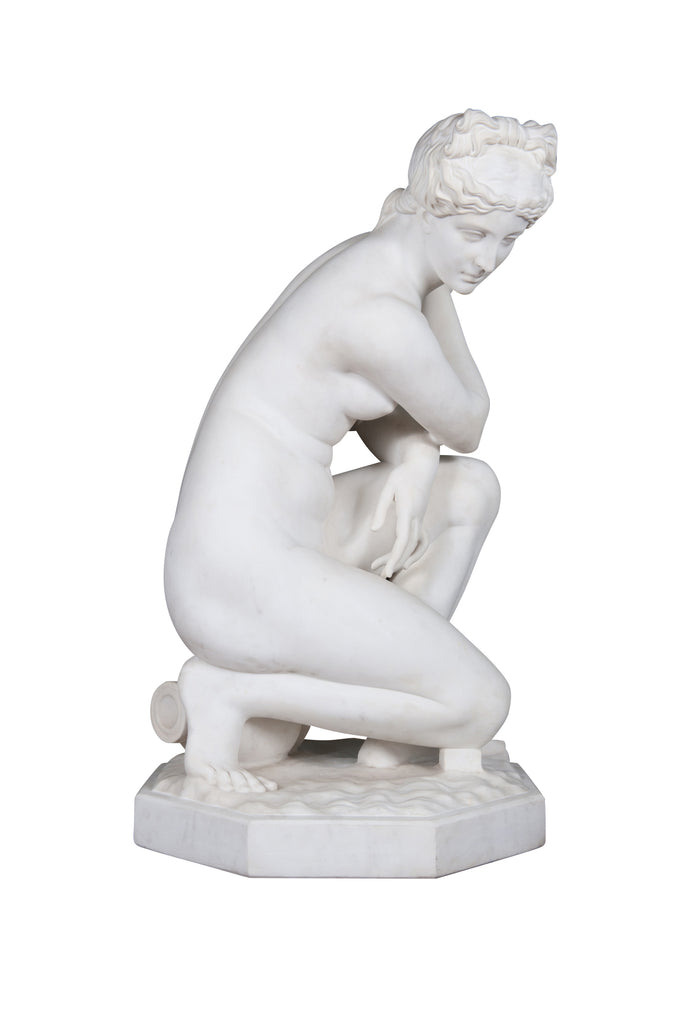 19th Century Marble Figure of  'The Crouching Venus' on pedestal