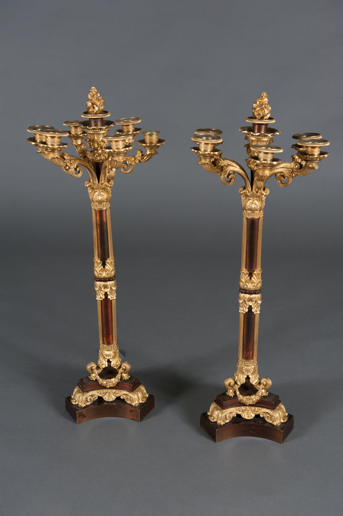 PAIR OF FRENCH LOUIS PHILIPPE ORMOLU AND PATINATED BRONZE SEVEN LIGHT CANDELABRAS