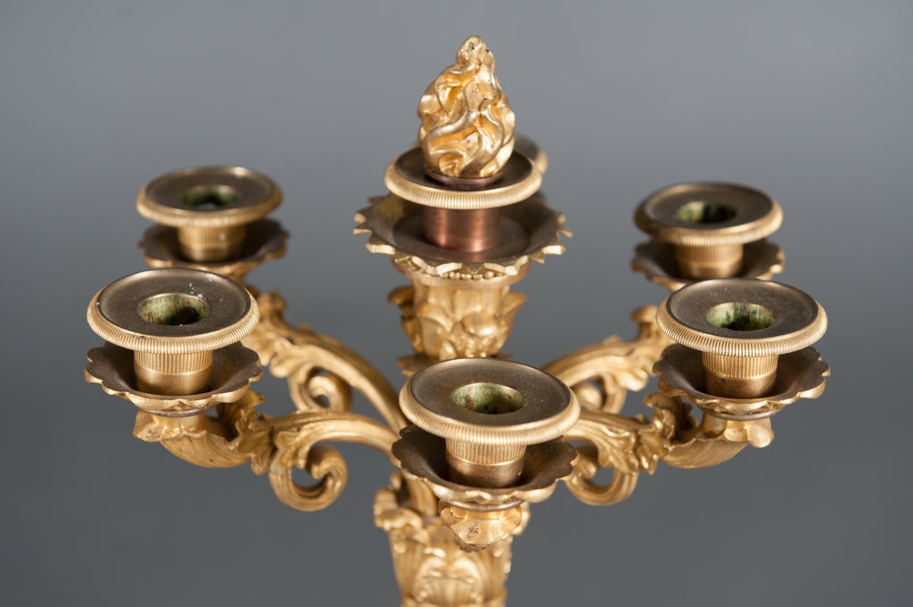Pair of French Louis Phillipe ormolu and patinated bronze 7 light candelabras