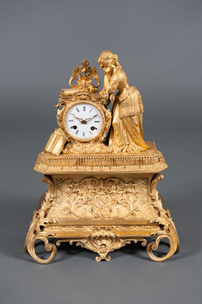 19th century French ormolu figural mantle clock - smiling lady with books