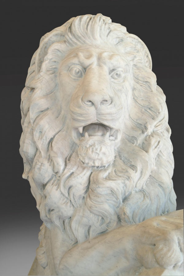 Pair of Lifesize White Marble Lions After Joseph Gott