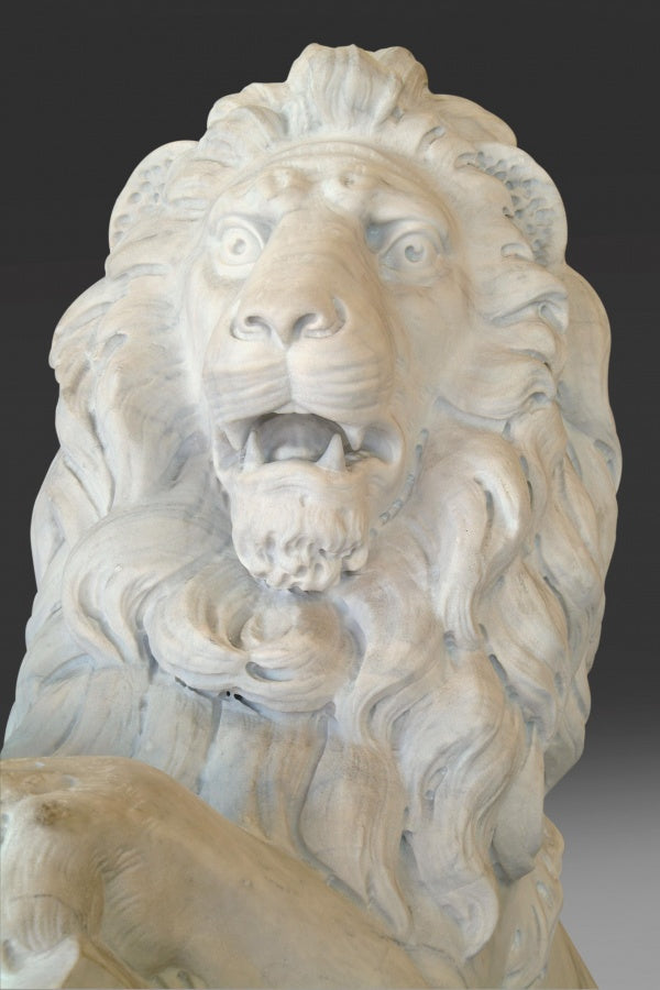 Pair of Lifesize White Marble Lions After Joseph Gott
