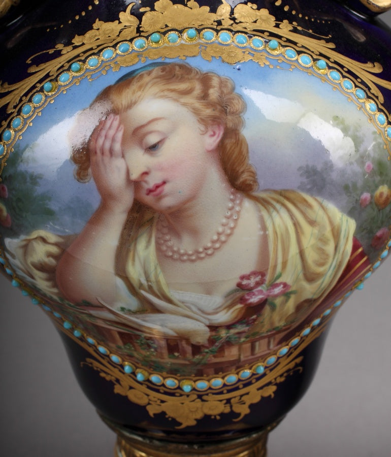 A PAIR OF SEVRES STYLE JEWELED PORTRAIT VASES