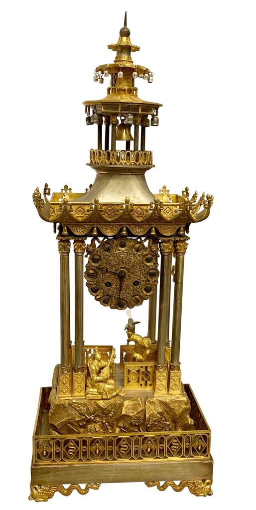 AN EXCEPTIONAL SILVERED & GILT BRONZE CHINOISERIE CLOCK GARNITURE MADE FOR THE CHINESE QING COURT